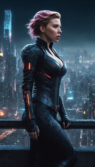 Within a surreal, nanopunk metropolis (perpetual twilight:1.2), Scarlett Johansson takes on the role of a cyberpunk femme fatale. Picture her standing on the ledge of a towering building, her silhouette against the eternal twilight. The scene is a masterpiece of ultra-realism with a dramatic lighting scheme, casting an eerie, underexposed glow. Capture the intricate details of Scarlett's attire and the cyberpunk elements of the cityscape in HDR, creating an image of infinite ultra-resolution image quality.