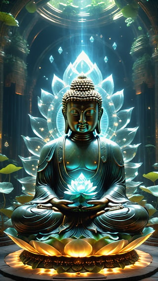 Epic a large cristal diamond sculpture of a buddha male sitting on a large lotus, in acient temple dark, volumetric fog, (epic scene, Extremely intricate details on the body, glowing fireflies, sacret geometry spectral, Buddha's halo, Hyperrealism), ultra masterpice, unreal engine, ultra detailed, cinematic, breathtaking, style RAW, stunning environment, ((wide_shot, view_from_below, epic theme)),DonMG414XL,DonMPl4sm4T3chXL,husk