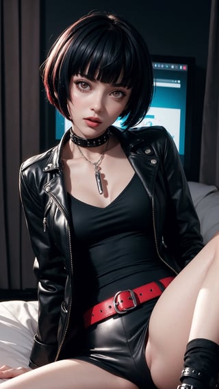 masterpiece, best quality, (detailed background), (beautiful detailed face, beautiful detailed eyes), absurdres, highres, ultra detailed, masterpiece, best quality, detailed eyes, upper body, 1_girl, cyberpunk scene, Tae Takemi, Persona 5 game, blue dark hair, pink lips, punkrock clothes, neck bone, messy bob cut, blunt bangs, brown eyes, red nails polish, short blue dress, black ripped leggings, short black jacket, red grommet belt, choker, midnight, at a bedroom background, sexy pose, erotic pose, alluring pose, mouth open, kinky pose, close-fitting clothing, arms_folded, crossed_legs_(lying), stripping, laying_down, bend_over