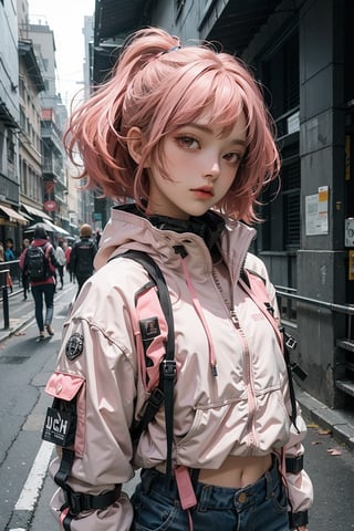 1girl,AgoonGirl ,Detailedface,outfit,Detailedeyes, , red hair,pink hair, urban techwear