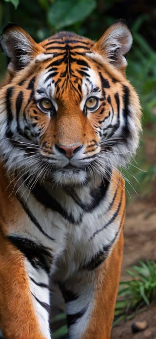  create a photo realistic image of bengal tiger emerging  from  pitch darkness, close up head, high detailed, sharp focus, facing the viewer.