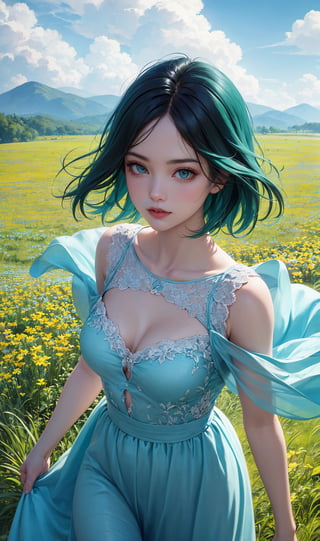 (masterpiece, best quality:1.4), (ultra-detailed, 8k, uhd), fantasy scenery, valley, beautiful, dreamlike, aesthetic art, digital art, professional artwork, immersive, mountainous horizon, other world, fantasy world, beautiful lighting, clouds in blue sky, sunbeam, natural light, vibrant colors, (grass fields, flower field), windy, reflections, ambient occlusion, godrays, wide long shot, from above, intricate details, captivating natural beauty, hyper-detailed, landscape, beautiful girl, sky blue dress, green eyes, short hair, green hair