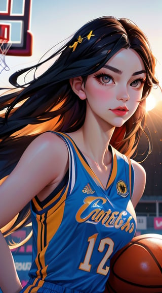 8k, Best Quality, Masterpiece: 1.2), (Realistic, Photorealistic: 1.37), Super Detailed, Best Quality, Super High Resolution, Professional Lighting, Photon Mapping, Radiosity, Physically Based Rendering, Cinematic Lighting , basketball court, depth of field, focus, sun rays, good composition, (bokeh: 1.2), 1 girl, (whole body), (closed mouth), beautiful eyes, pose, constriction, basketball uniform, black hair , messy hair, long hair blowing in the wind,(ulzzang-6500:1.2) mix4, hiqcgbody, large breasts, a littel sexy outfits
