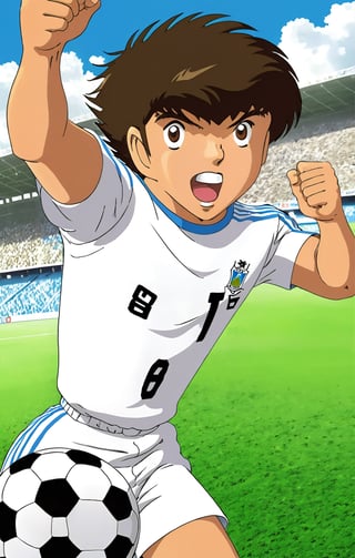 Oliver Atom, , male focus, sportwear, uniform soccer, serious, open mouth, perfect face, perfect brown eyes, perfect brown hair, perfect legs, perfect hands, perfect fingers, perfect arms, full body, field_soccer_background, design style of mangaka Yoichi Takahashi creator of Captain Tsubasa,SDXL