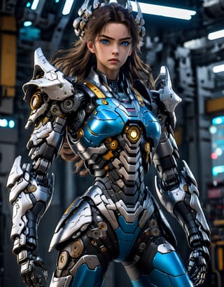 cyberpunk, photorealistic, photo, masterpiece, 32k, uhd,  high definition detailed realistic, best quality, ultra high res, cifi:1.4, ultra sharp, (1girl), (solo:1.4), british, mecha, warrior, strong armor:1.6, (full body:1.4), standing, intricate details, (beautiful detailed eyes:1.7), large hair, (brunette hair:1.5), (athletic:1.3), (big breast:1.2), (extremely detailed defined eyes:1.6), (cerulean and platinium suit:1.5), (large mechanized arms:1.5)
