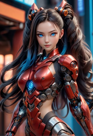 futuristic:1.4, cyberpunk:1.7, british women, A fashion model, red ultimate warrior armor:1:9, (weapon, large ultimate king blade:1.6), (black, long hair, twin tails, hair between eyes:1.6), (blue eyes, perfect, detailed, defined:1.5), (detailed, defined, pretty, perfect face:1.6), full lips:1.4, detailed shadows, definite body features, textured skin, highly detailed skin, (athletic:1.3), (smilling:1.4), blush, RAW full body photo, gigantic mechanical arms:1.6, perfect feet, sexy legs, perfect hands, sexy arms, 
street of the future background, 8K, High quality, Masterpiece, Best quality, HD, Extremely detailed, voluminetric lighting, Photorealistic,perfecteyes,Kamado_Nezuko,3d style,beautymix,3d toon style,DonMCyb3rN3cr0XL ,DonMF43XL,cyborg,mecha