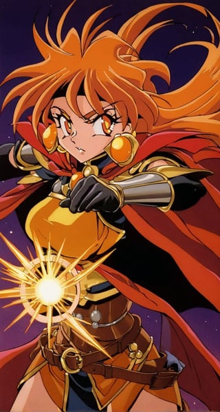 1girl, solo, long hair, orange eyes, gloves, serious, closed mouth, jewelry, cowboy shot, earrings, belt, cape, orange hair, armor, full body, floating hair, fang, headband, magic, shoulder armor, pauldrons, retro artstyle, 1990s \(style\), lina Inverse,


