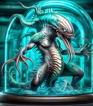 Lead-colored creature with teal details, created in an advanced biotechnology laboratory, Chlamydoselachus anguineus, aquatic, cetacean, leviatan, kraken, (experiment failed), is ready for battle, masterpiece, best quality, Nightmare Fuel Style, body complete
