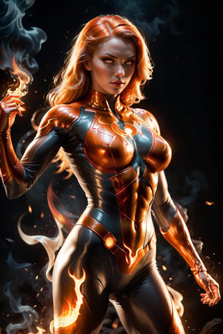 Imagine a dynamic scene featuring of iconic DC Comics character, enchantress mixed lady_human torch, heroin, superhero, muscles, athleticism, combustion, energy, smoke, ashes. Firehair. fire Eyes. Visualize him engulfed in flames, sexy pose, very big breast, swinging, radiating with fiery intensity. fire-colored suit with red details. His body burns with great intensity, emitting light and heat, burning in flames, Craft a prompt for a super detailed, 32k Ultra HDR image capturing the essence of Human Torch's blazing presence – perfect face, flames, and dynamic pose. Choose a background that complements his character, creating a cinematic masterpiece with high realism and top-notch image quality,fire element