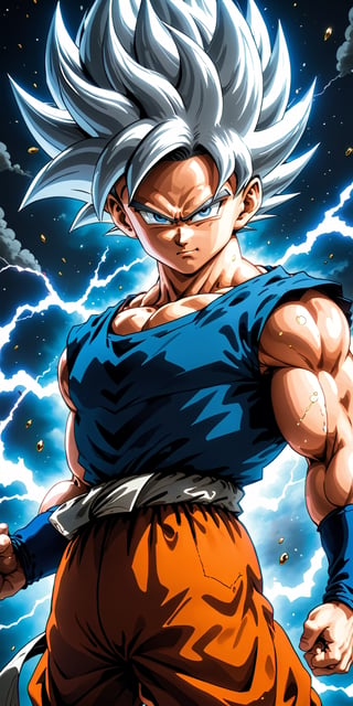 We can visualize the iconic character from the animated series Dragon Ball, Goku, in his maximum ultra instinct transformation, (his hair, eyebrows and eyes pearl gray color:1.9), with his characteristic orange suit. Flashes of light and electricity surround his entire body, a white glow. smiling. His ki is immense and mystical. His look is calm and satisfied. He is at the culmination of a great battle for the fate of his universe, and you can see his injured body. remembering the epic battle against majin boo. He is prepared to attack with one of his classic poses. The quality of the image and the details have to be worthy of one of the most famous characters in the entire history of anime and honor him as he deserves. which reflects the design style of the great Akira Toriyama.

athletic body. perfect hands and arms. perfectly detailed, defined and symmetrical eyes. highly detailed skin, textured skin, definite body features, detailed shadows, narrow waist. incredible face detail.
aura, (dramatic lighting:1.1). ability to empty your mind and achieve absolute inner calm. (silver eyebrows and eyes:1.9)

16k, masterpiece, best quality, 2D, Extremely detailed, voluminetric lighting, anime, cartoon

clothing,Zombie,lineart,Anime ,3d toon style,line anime,more detail XL,SDXLanime:0.8,LineAniRedmondV2-Lineart-LineAniAF:0.8,EpicAnimeDreamscapeXL:0.8,ManimeSDXL:0.8,Midjourney_Style_Special_Edition_0001:0.8,animeoutlineV4_16:0.8,perfect_light_colors:0.8,LineAniAF,CuteCartoonAF,Girl,aura_power,ultrainstinct_v3_offset:1,Cursed Energy:0.9,ThunderMagic-22:0.8,xl_shanbailing_0927lightning-000010:0.7,Movie Still,mecha,detailmaster2
