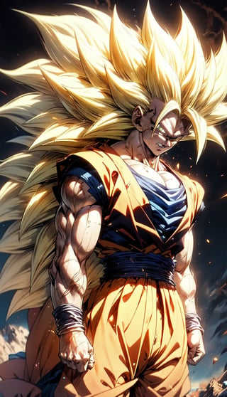 We can visualize the iconic character from the animated series Dragon Ball Z, Goku, in his super saiyan phase 3 transformation. (his extremely long, loose, yellow hair:1.9). (very very long hair:1.9). (without eyebrows, eyebrow alopecia:1.9). (total loss of eyebrow hair:1.9). blue eyes, with his characteristic orange suit. Flashes of light and electricity surround his entire body, a yellow glow. smiling, smug. His ki is immense and mystical. His look is wild. He is at the culmination of a great battle for the fate of planet Earth and you can see his wounded body. The image quality and details have to be worthy of one of the most famous characters in all of anime history and honor him as he deserves. which reflects the design style and details of the great Akira Toriyama. full body



PNG image format, sharp lines and borders, solid blocks of colors, over 300ppp dots per inch, 32k ultra high definition, 530MP, Fujifilm XT3, cinematographic, (anime:1.6), 4D, High definition RAW color professional photos, photo, masterpiece, realistic, ProRAW, realism, photorealism, high contrast, digital art trending on Artstation ultra high definition detailed realistic, detailed, skin texture, hyper detailed, realistic skin texture, facial features, armature, best quality, ultra high res, high resolution, detailed, raw photo, sharp re, lens rich colors hyper realistic lifelike texture dramatic lighting unrealengine trending, ultra sharp, pictorial technique, (sharpness, definition and photographic precision), (contrast, depth and harmonious light details), (features, proportions, colors and textures at their highest degree of realism), (blur background, clean and uncluttered visual aesthetics, sense of depth and dimension, professional and polished look of the image), work of beauty and complexity. perfectly symmetrical body.
(aesthetic + beautiful + harmonic:1.5), (ultra detailed face, ultra detailed perfect eyes, ultra detailed mouth, ultra detailed body, ultra detailed perfect hands, ultra detailed clothes, ultra detailed background, ultra detailed scenery:1.5),



detail_master_XL:0.9,SDXLanime:0.8,LineAniRedmondV2-Lineart-LineAniAF:0.8,EpicAnimeDreamscapeXL:0.8,ManimeSDXL:0.8,Midjourney_Style_Special_Edition_0001:0.8,animeoutlineV4_16:0.8,perfect_light_colors:0.8,SAIYA,Super saiyan 3