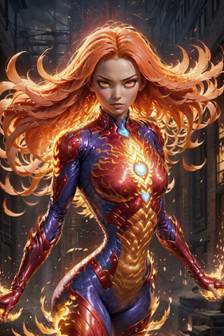 Imagine a dynamic scene featuring of iconic DC Comics character, enchantress mixed lady_human torch, heroin, superhero, fire deity, muscles, athleticism, combustion, energy, smoke, ashes. Firehair. (fire Eyes:1.6). (incandescent fireball in his hands:1.6). ((concentration of fire in her upright right hand, she is prepared to attack)). ((fire lit in the palms of his hands)). Visualize him engulfed in flames, sexy pose, very big breast, swinging, radiating with fiery intensity. (fire-colored suit with red details). ((His body burns with great intensity, emitting light and heat, burning in flames)). Craft a prompt for a super detailed, 16k Ultra HDR image capturing the essence of Human Torch's blazing presence – perfect face, flames, and dynamic pose. (brightness, vibe, vitality, energy, halo, halo, aura:1.5), (arms wrapped in flames, fire). flashes of fire surround his body. Choose a background that complements his character, creating a cinematic masterpiece with high realism and top-notch image quality,fire element:1.5,3d toon style,xl-shanbailing-1003fire-000010:0.6,demonictech:0.1,MagmaTech:0.1,human on fire:1.2,feh:0.4,firepunch:1.3,zeldaALBW:0.1,makioze:0.4,fire_lit_DC:0.5,DonMF1re:0.5,FireAI:0.6,Cursed energy:0.5,Sci-fi ,DonMDj1nnM4g1cXL ,flmngprsn