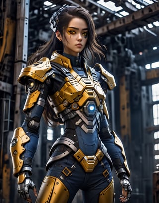 cyberpunk, photorealistic, photo, masterpiece, 12k, hd,  high definition detailed realistic, best quality, ultra high res, cifi:1.4, ultra sharp, (1girl), (solo:1.4), mecha, warrior, (full body:1.4), standing, intricate details, (beautiful detailed eyes:1.7), large hair, (brunette hair:1.5), (athletic:1.3), (extremely detailed:1.2), (navy blue and gold suit:1.5), (large mechanized arms:1.5), (bone blade:1.5), (plate shield:1.6), 