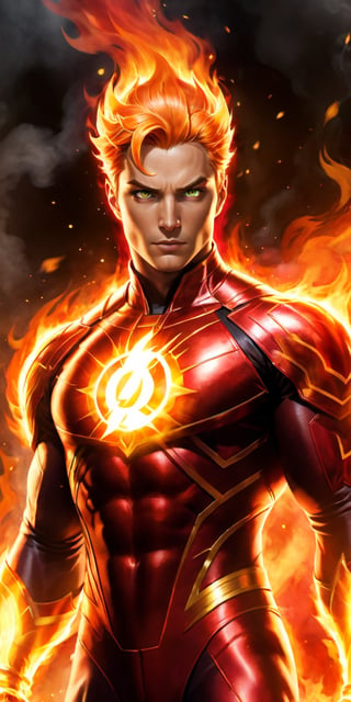 anime:1.9, cartoon:1.9, Imagine a dynamic scene featuring of iconic DC Comics character, enchantress mixed lady_human torch, heroin, superhero, fire deity, muscular, athleticism, combustion, energy, smoke, ashes. Firehair. (fire Eyes:1.6). (incandescent fireball in his hands:1.6). ((concentration of fire in her upright right hand, she is prepared to attack)). ((fire lit in the palms of his hands)). Visualize him engulfed in flames, sexy pose, very big breast, swinging, radiating with fiery intensity. ((fire-colored suit with red details)). ((His body burns with great intensity, emitting light and heat, burning in flames)). Craft a prompt for a super detailed, 16k Ultra HDR image capturing the essence of Human Torch's blazing presence – perfect face, flames, and dynamic pose. (brightness, vibe, vitality, energy, halo, halo, aura:1.5), (arms wrapped in flames, fire). flashes of fire surround his body. Choose a background that complements his character, creating a cinematic masterpiece with high realism and top-notch image quality, fire element:1.5,3d_toon_xl:0.2, xl-shanbailing-1003fire-000010:0.6, demonictech:0.1, MagmaTech:0.1human on fire:1.2, feh:0.4, firepunch:1.3, zeldaALBW:0.1, makioze:0.4, fire_lit_DC:0.5, DonMF1re:0.5, FireAI:0.6, Cursed energy:0.5, XieS:0.3, r1ge - AnimeRage:1.3, :JuggerCineXL2:0.6,add_detail:0.6,3d toon style,Movie Still
