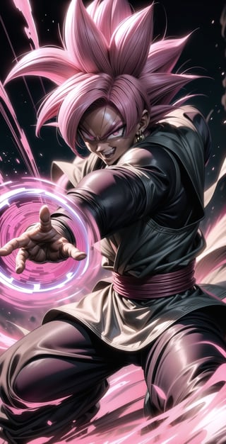 We can visualize the iconic character from the animated series Dragon Ball Super, Black Goku Rose, full power. (Pink hair: 1.9). Perfect pink eyes, with his characteristic black warrior outfit. Flashes of light and electricity colored_pink_and_light_violet surround his entire body, with an extremely cocky appearance, smiling laughter. His ki is immense and mystical in color_pink_and_light_violet. It is at the culmination of a great battle for the destruction of the earth. The image quality and details have to be worthy of one of the most famous villain characters in the entire history of this anime and honor him as he deserves. Which reflects the design style and details of the great Akira Toriyama. Full body: 1.8, front face, battlefield background.



(((Male:1.9))),



PNG image format, sharp lines and edges, solid color blocks, 300+ dpi dots per inch, 32k ultra high definition, 530 MP, Fujifilm XT3, cinematic (photorealistic: 1.6), 4D, professional color photos High Definition RAW, Photography, Masterpiece, Realistic, ProRAW, Realism, Photorealism, High Contrast, Digital Art Trending on Artstation Ultra High Definition Detailed Realistic, Detailed, Skin Texture, Hyper Detailed, Realistic Skin Texture, Facial Features , armor, best quality, ultra-high resolution, high resolution, detailed and raw photo, sharp resolution, rich lens colors, hyper-realistic realistic texture, dramatic lighting, unreal trends, ultra-sharp pictorial technique (sharpness, definition and photographic precision), (harmonious contrast, depth and light details), (features, proportions, colors and textures at their highest degree of realism), (blurred background, clean and uncluttered visual aesthetics, sense of depth and dimension, professional and polished appearance of the image), work of beauty and complexity. perfectly symmetrical body. (aesthetic + beautiful + harmonious: 1.5), (ultra detailed face, ultra detailed perfect eyes, ultra detailed mouth, ultra detailed body, ultra detailed perfect hands, ultra detailed clothes, ultra detailed background, ultra detailed landscape: 1.5), Detail_master_XL:0.9,SDXLanime:0.8,LineAniRedmondV2-Lineart-LineAniAF:0.8,EpicAnimeDreamscapeXL:0.8,ManimeSDXL:0.8,Midjourney_Style_Special_Edition_0001:0.8,animeoutlineV4_16:0.8,perfect_light_colors:0.8,SAIYA, Super Saiyan, ROSEV2,yuzu2:0.3,SAIYA_赛亚人:0.8