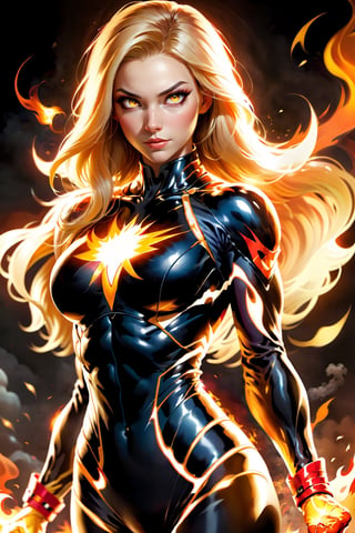 Imagine a dynamic scene featuring of iconic DC Comics character, enchantress mixed lady_human torch, heroin, superhero, fire deity, muscular, athleticism, combustion, energy, smoke, ashes. Firehair. (complete black Eyes:1.9). (incandescent fireball in his hands:1.6). ((concentration of fire in her upright right hand, she is prepared to attack)). ((fire lit in the palms of his hands)). Visualize him engulfed in flames, sexy pose, very big breast, swinging, radiating with fiery intensity. ((fire-colored suit with red details)). ((His body burns with great intensity, emitting light and heat, burning in flames)). Craft a prompt for a super detailed, 16k Ultra HDR image capturing the essence of Human Torch's blazing presence – perfect face, flames, and dynamic pose. (brightness, vibe, vitality, energy, halo, halo, aura:1.5), (arms wrapped in flames, fire). flashes of fire surround his body. detailed flame, beautiful detailed fire, detailed glow. Choose a background that complements his character, creating a cinematic masterpiece with high realism and top-notch image quality, 

fire element:1.5, 3d toon style, xl-shanbailing-1003fire-000010:0.6, demonictech:0.1, MagmaTech:0.1human on fire:1.2, feh:0.4, firepunch:1.3, zeldaALBW:0.1, makioze:0.4, DonMF1re:0.5, FireAI:0.6, Cursed energy:0.5,XieS:0.3,r1ge - AnimeRage:1.3,add_detail:0.6,EmberElementalV2:0.3,fireforce_oze-11:1.0,fire_lit_DC_v1-10:0.5,[XL]bluefire:1,_raging flames:1,DonMCyb3rN3cr0XL-000009:0.2,blackeyes-v1:1.5
