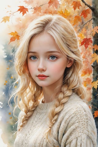 a watercolor painting of a young girl, blonde, cute, cable knit sweater, concept art, shutterstock contest winner, white bg, autumn overgrowth, alexey egorov, profile picture, highly detailed -, 🍁 cute, rob mcnaughton, degradation, album art