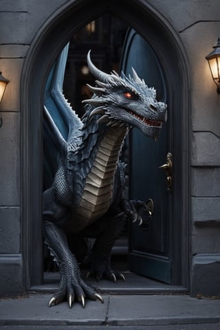 Photorealistic dragon, door-to-door deliveries, urban setting, intricate details, realistic lighting, cityscape background, seamless integration of fantasy and reality, lifelike portrayal, everyday scenes with a touch of magic 
