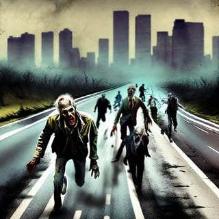  the relentless pursuit of the undead in a decaying world as zombies sprint down a highway, their grotesque figures contrasting with the melancholic remnants of the past