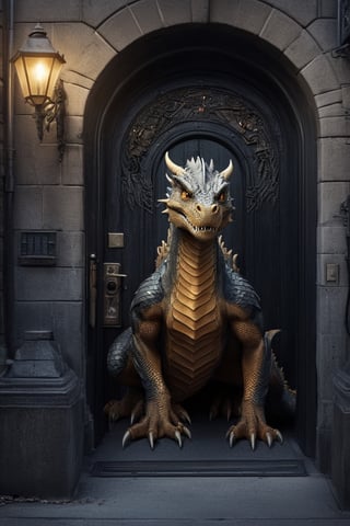 Photorealistic dragon, door-to-door deliveries, urban setting, intricate details, realistic lighting, cityscape background, seamless integration of fantasy and reality, lifelike portrayal, everyday scenes with a touch of magic 