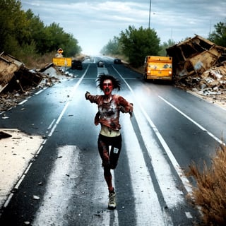 a post-apocalyptic world where a lone, decrepit zombie sprints down an empty, crumbling highway, its tattered clothes trailing behind in the wind." as a horde of zombies race down a desolate highway, their relentless pursuit leaving destruction in their wake