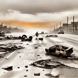 unsettling scene of an undead runner on a highway, its body decayed and twisted, with burnt-out vehicles and crumbling buildings as the backdrop of a world in ruins."