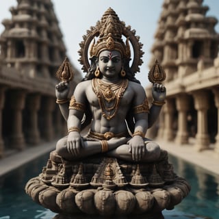 view from above of granite nataraja statue in underwater stone city of dwarka, criss crossing streets, giant stadium, steampunk drones floating in air,  hindu people, ancient hindu architecture, very high resolution, telephoto,  masterpiece, highly defined, intricate, photorealistic, sharp, antialiased, 8k, 16k, high-res, ultrarealistic, artstation, dslr, absurdres