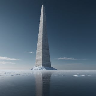 massive tower of babel made by ice standing in the unending expanse of sea, stabbing the sky like a spear, reaching out of earth's atmosphere to the moon, desolate, isolated, alone, emptiness, empty sky, loneliness, digital render, ultra fine details, octane render, photorealistic, ultra realistic, masterpiece, antialiased by Ansel adams