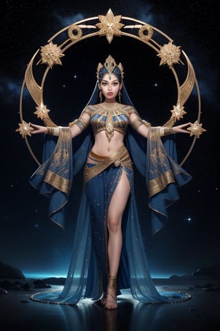 Astromancer, with her Egyptian lineage, is depicted with a backdrop of the starry cosmos, her hands orchestrating the celestial energies that spiral around her. Her attire is a majestic blend of ancient Egyptian motifs and space-age materials, adorned in a palette of royal blues and golds, reflecting her astral dominion.





