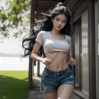 a masterpiece, 16k, high_resolution, professional photography, hyperdetailed skin wallpaper of black wavy haired girl with beautiful eyes high colledge girl with angelical face and a medium size breast with beautiful smile, medium hip structure, half ass exposed, sexy pose, wearing white t-shirt, wearing sexy dark blue jeans shorts, looking at the viewer, erotic pose, seductive, seduc (sfw),detailed background, green countryside, cinematic light}, ,weapon, running towards the sundown,sword