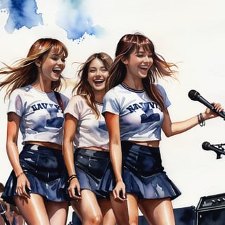 a detailed beautiful illustration, ((watercolor painting)), a group of beautiful girls rock band chatting and laughing on outdoor stage, performing, wearing navy mini skirts, in the middle of the stage, in summer, high resolution, best quality, masterpiece, nostalgic atmosphere, at noon time, Magical Fantasy style,Leonardo Style