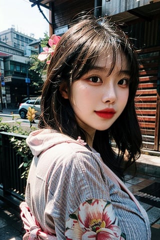 1girl, solo, pretty korean girl,  outdoor, (soulful eyes, radiant complexion, distinctive facial features), Bohemian chic, learge breast, fat butt,kimono, floral print, hair ornament, looking at viewer, hair flower, brown eyes, bangs, masterpiece, best quality, realistic 