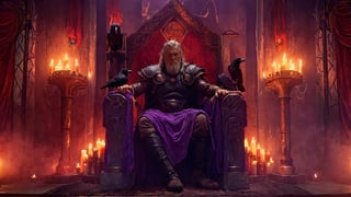 the god Odin sitting on his throne, the ravens Hugin and Munin on either side of him, a candlelit throne room, a gloomy atmosphere, masterpiece, perfect body armour, a stern serious expression on his face, one eye shining the other is bandaged, the setting is gloomy, only the candlelight colors little