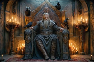 (best quality, 4k, 8k, highres, masterpiece:1.2), ultra-detailed, oil paint, realistic, portrait, palette knife, oil texture, impressionistic, rich colors, subtle brushstrokes, soft lighting, canvas texture, detailed eyes and lips, masterpiece, photo of the one-eyed god Odin seated on his throne, the ravens Hugin and Munin on either side of him, a candlelit throne room, gloomy atmosphere, a stern serious expression on his face, one eye shining the other is bandaged, the setting is gloomy, only the candlelight colors small, on the arms of the throne there are celtic braids and above Odin's head an important viking symbol, the armor on his shoulders shines, everything else is dark, , photorealistic, perfect hands, high contrast, hyper details,