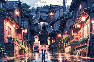 1girl, solo, holding, standing, outdoors, from behind, night, umbrella, ground vehicle, building, scenery, motor vehicle, reflection, rain, holding umbrella, city, sign, car, road, lamppost, street, traffic light, crosswalk, real world location, vanishing point,pastelbg,ninjascroll