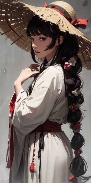 1 girl, black hair, light particles, solo, masterpiece, best quality, high quality, highly detailed, long hair, tied hair, looking at viewer, bamboo hat(optional, there's also googles)