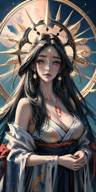 Goddess Amaterasu depicted in a resplendent oil painting. The artwork portrays the celestial beauty of the Japanese sun goddess, Amaterasu, in all her glory. The painting captures her radiant presence, with a golden halo of light surrounding her divine form. The colors are rich and luminous, reflecting the warmth and power of the sun. The oil painting style enhances the sense of traditional artistry and craftsmanship, evoking a sense of awe and reverence for the goddess. Heroic close-up shot, focusing on the ethereal beauty of Goddess Amaterasu. Render Style: Luminous colors, delicate brushwork, and a sense of celestial majesty. Resolution: 4K for optimal impact.,Wlop