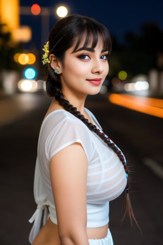 masterpiece, best quality, cute, kawaii, Long hair, wavy hair, Indian  hair, blue  eyes, swept bangs, , large open  breasts, button gap, braid, transparent   top, hairpin, necktie, depth of field, street, bokeh, night, portrait, Indian Women,curvy body 