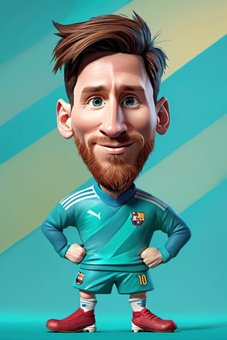 Caricature figure of Messi, head, legs, feet, wearing sweater , teal dimentional background, high-res