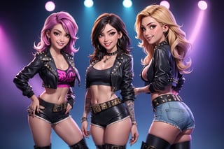 festival girl band photo of sexy punk singers, cowboy shot, (Masterpiece, best quality), smiling, smirk, smug, boobs, breasts, midriff, ass, studded leather jacket, studded leather belt, micro shorts, stiletto boots,Boots