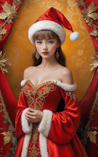 An anthropomorphic girl wearing a Santa Claus hat is the main subject of this captivating image. Designed by Brom, the exquisite red silk of her dress is adorned with intricate golden filigree. The girl stands against a breathtaking Christmas background, adding to the festive ambiance. The image, whether a painting, photograph, or digital creation, showcases the richness of color and attention to detail. With its high artistic quality, this visually stunning portrayal of the anthropomorphic girl evokes a sense of awe and admiration.