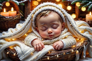 an ultra-realistic and stunning gorgeous Baby child, lying in a manger, little eyes closed, wrapped with a light cream blanket, realistic style, digital-art, Icicle Lights, by Marie Angel, fantasy art, ultra realistic photo, fairy, cute and lovely, with a white complexion, has a very realistic look to it, cute little creature, beautifully painted
