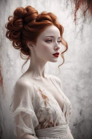 Beautiful elegant pale woman with red auburn hair with long messy bun hair style exquisite and poetic beauty deep red lip and a elegant light orange dress with poetically beautiful style poetic black and white style background with poetic style