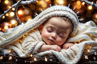 an ultra-realistic and stunning gorgeous Baby child, lying in a manger, little eyes closed, wrapped with a light cream blanket, realistic style, digital-art, Icicle Lights, by Marie Angel, fantasy art, ultra realistic photo, fairy, cute and lovely, with a white complexion, has a very realistic look to it, cute little creature, beautifully painted