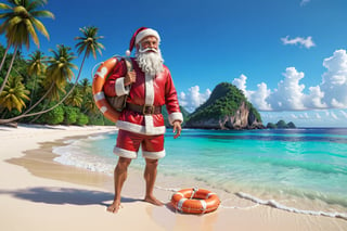 3D, Fantasy art, realistic painting, Santa Claus with ((swimming short)), without jacket wearing a swimming costume on vacation on a deserted island in August, wearing arm floats and a lifebuoy.ultra hd, realistic, vivid colors, highly detailed, UHD drawing, perfect composition, beautiful detailed intricate insanely detailed octane render trending on artstation, 8k artistic photography, photorealistic concept art, soft natural volumetric cinematic perfect light, ultra hd, realistic, vivid colors, highly detailed,