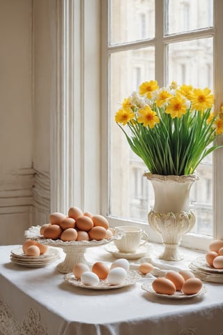 a table topped with eggs and flowers next to a window, by Marie Bashkirtseff, tumblr, baroque, light cream and white colors, beautiful shading, ornate backdrop, warm and soft and subdued colors, splash of color, color picture, centerpiece, fan favorite, online, in pastel color