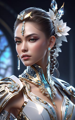 luxe cyborg goddess, diamond enchanted, delicate face, elegant biomechanical and translucent, diamond-encrusted plating, luxury flowery clothes, highly detailed, digital painting, artstation, asymmetrical, concept art, smooth, sharp focus, 8k 