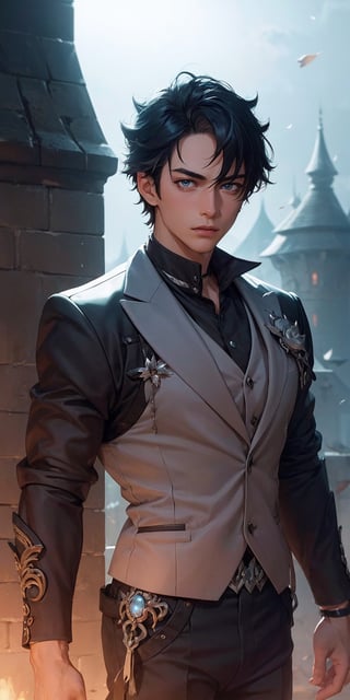 1boy, (man), manly body, anime, extremely detailed, hyper detailed, (broad shoulders), (PERFECT FACE), illustration, soft lighting, 2d, intricate, cowboy shot, detailed eyes, black hair, short hair, teal eyes, sexy, toned, black tuxedo, (outside), castle tower