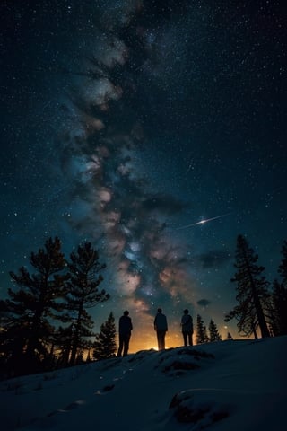 Men standing on the mountain looking at the sky. Pine trees and the sky full of stars