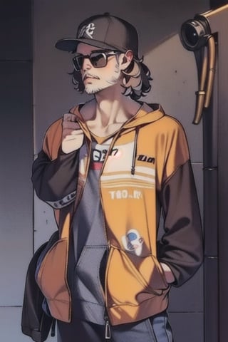 ((1man)), snapback, sunglasses, ((black_short_hair)), (short_beard), black_hoodie, denim_pants, air_jordan_1_high, cartoon, (Musical notes), skinny body, (small_Shiba_Inu), ((rolex)),1 page manga